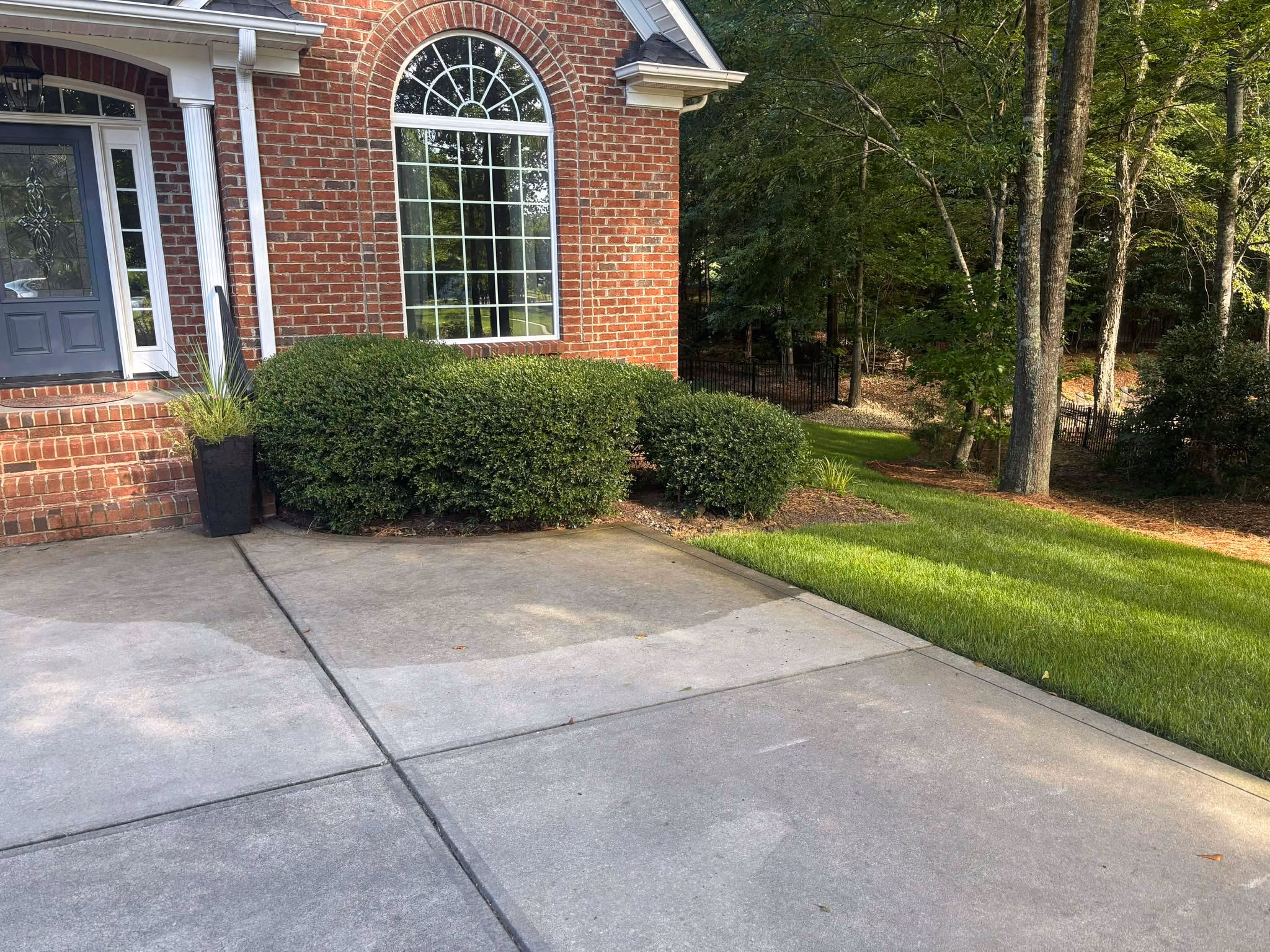 Concrete driveway and walk running alongside a brick home with trimmed shrubs.