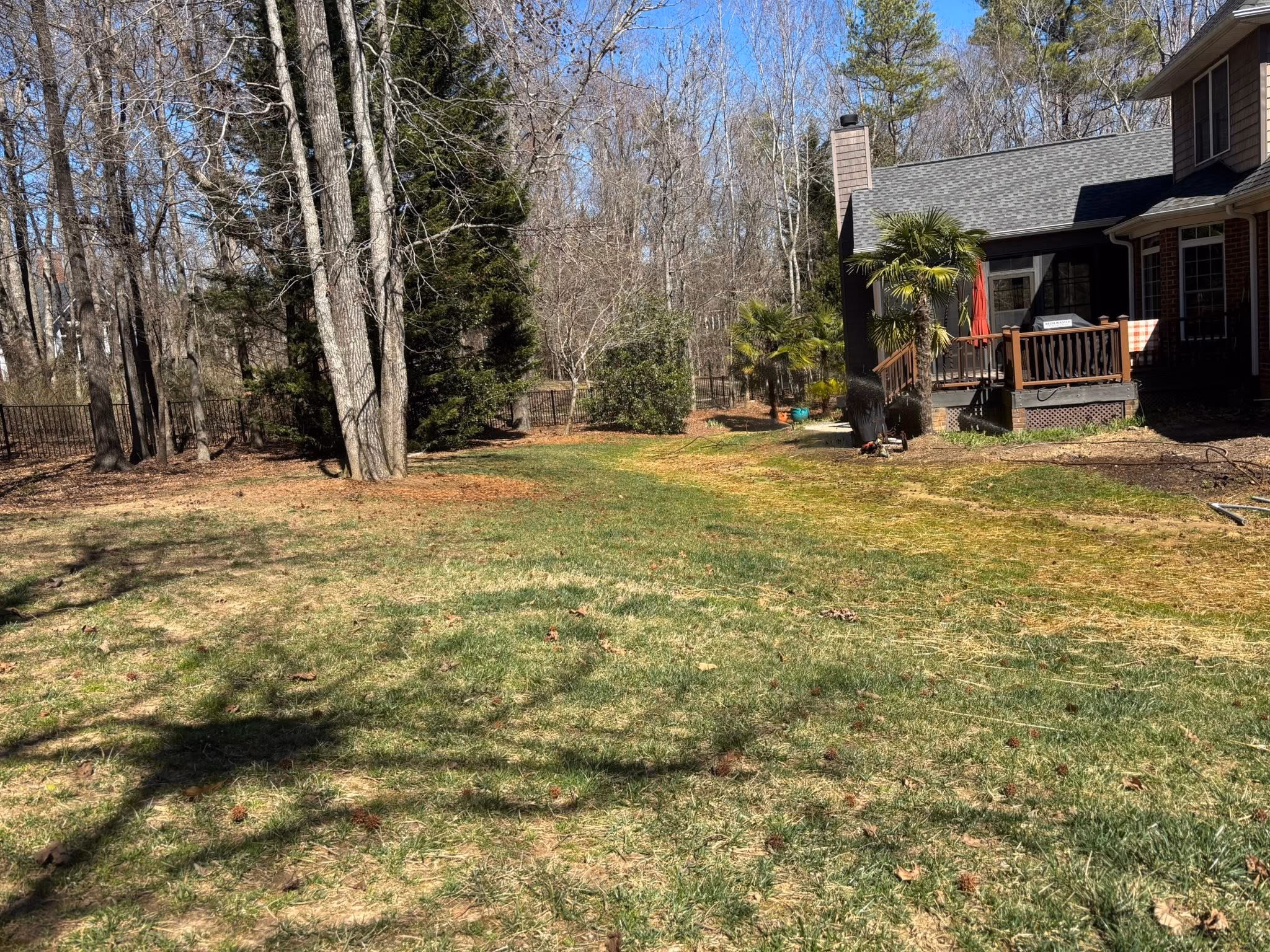 Backyard with thin, patchy grass and bare dirt showing through in front of a house with a wooden deck.