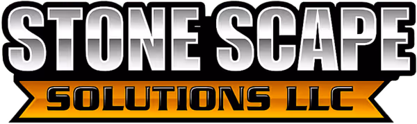 Logo with large silver text 'STONE SCAPE' above an orange banner containing black text 'SOLUTIONS LLC'.