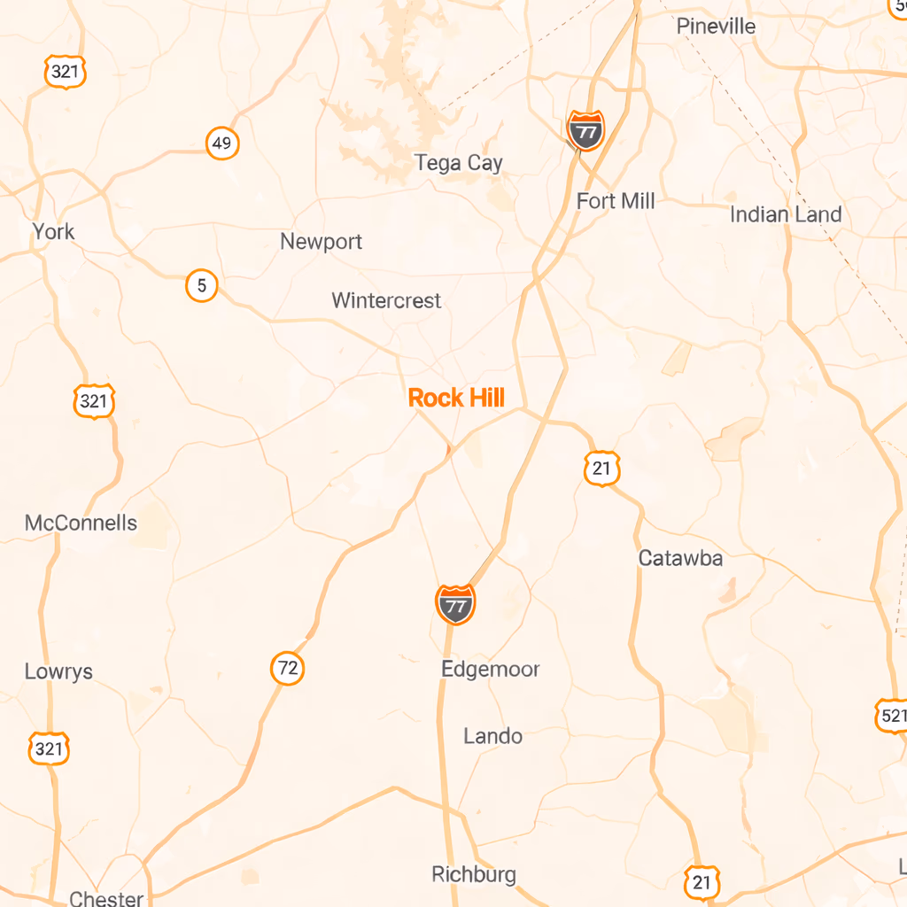 Map showing Rock Hill and surrounding towns including Fort Mill, Pineville, Edgemoor, and Chester, with highways 321, 77, 21, 72, and 49.