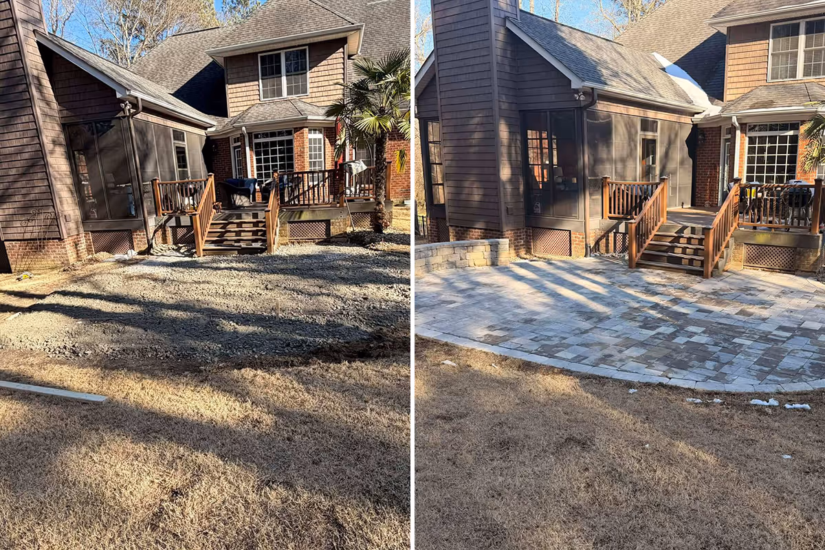 Side-by-side images of a house backyard before and after installing a stone patio in place of a gravel surface.